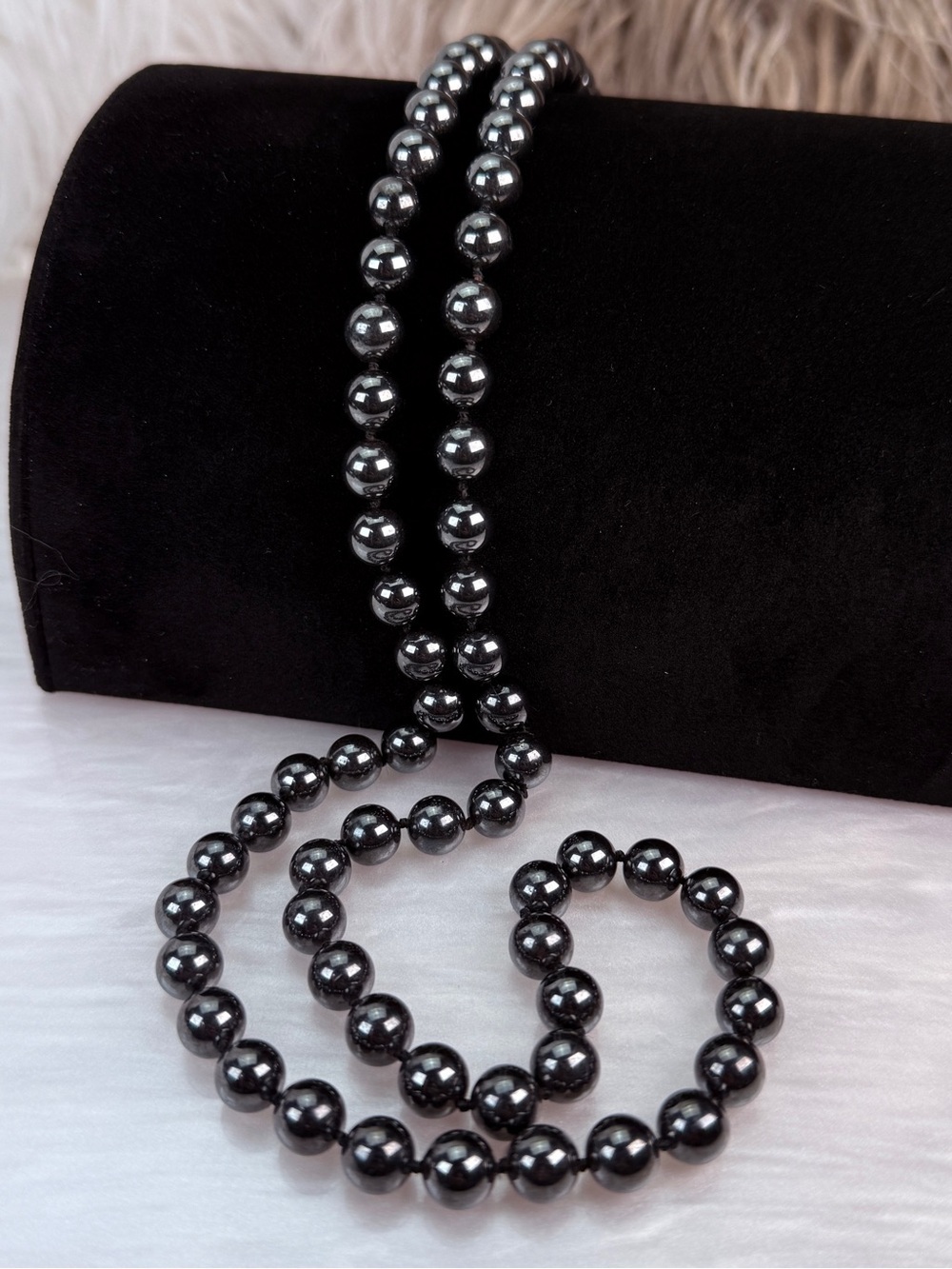 Vintage Genuine Hematite Graduated Bead Necklace Long Knotted Strand 28”